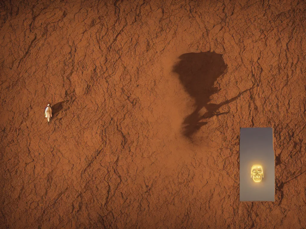 Prompt: levitating glowing bene gesserit in full - face golden mask and glowing eyes in a dry rocky desert landscape, sunny atmosphere, fata morgana giant mirrors, portal, death stranding, spaceship in the sky by christopher doyle and alejandro jodorowsky, anamorphic lens, kodakchrome, cinematic composition, very detailed photo, complex structures, 8 k,