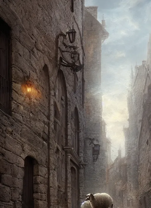 Prompt: portrait of a sheep standing in a medieval street, highly detailed, fantasy, godrays, cinematic lighting, close up, volumetric, realistic, digital art by greg rutkowski