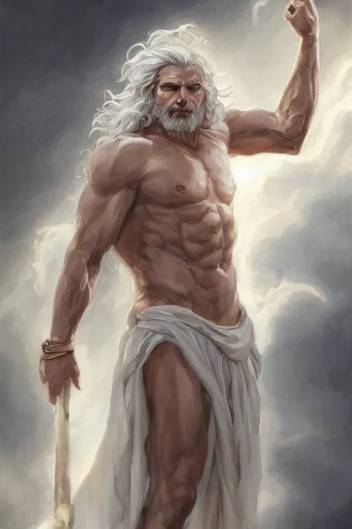 Prompt: painted portrait of zeus, god of thunder, greek god, white hair, masculine, mature, handsome, upper body, flowy robe, muscular, hairy torso, fantasy, intricate, elegant, highly detailed, digital painting, artstation, concept art, smooth, sharp focus, illustration, art by gaston bussiere and greg rutkowski