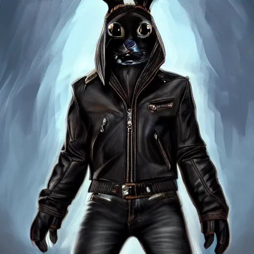 Image similar to A bunny with a small head wearing a fine intricate leather jacket and leather jeans and leather gloves, trending on FurAffinity, energetic, dynamic, digital art, highly detailed, FurAffinity, high quality, digital fantasy art, FurAffinity, favorite, character art