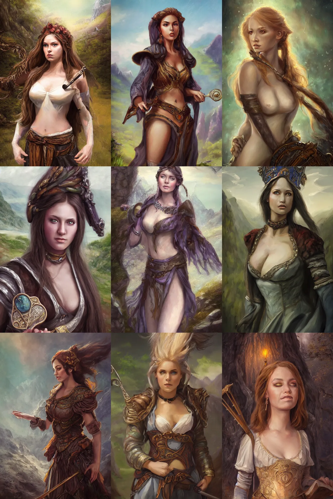 Image similar to a full body high detail fantasy portrait oil painting illustration of a single beautiful bard woman by justin sweet with face and body clearly visible, in a scenic background, pretty eyes, realistic proportions, d & d, rpg, forgotten realms, artstation trending, high quality, sombre mood, artstation trending, muted colours, entire person visible!