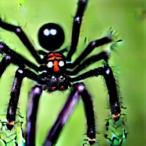 Prompt: a tall spider with long black legs whose body is covered in long blonde hair