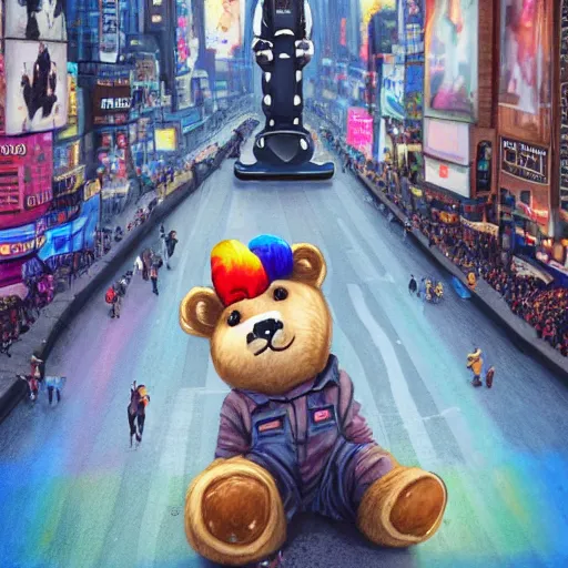 Prompt: a teddy bear skating across time's square with rainbow hair, sally, soft eyes and narrow chin, dainty figure, long hair straight down, torn overalls, short shorts, combat boots, basic white background, symmetrical, single person, style of by jordan grimmer and greg rutkowski, crisp lines and color,