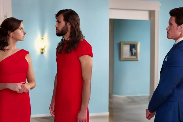 Image similar to full body film still of a man longingly looking at a woman in a red dress as a woman in a blue dress looks disgusted at the man in the new romance comedy movie, dramatic angle, dramatic lighting, meme