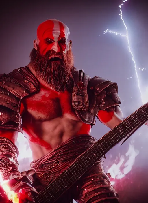 Prompt: red face paint armored screaming kratos rocking out on a flaming stratocaster guitar, cinematic render, god of war 2 0 1 8, playstation studios official media, lightning, flames, left eye red stripe, red left eye stripe, left eye red stripe, red left eye stripe, clear, coherent, guitar