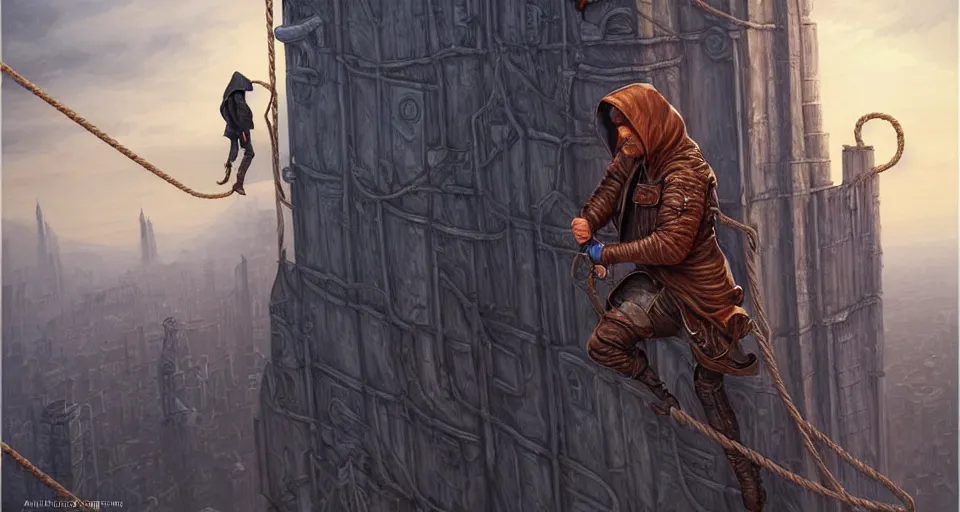 Image similar to landscape painting of a hooded thief in leathers using a rope to climb a tall building with a fantasy city, fine details, magali villeneuve, artgerm, rutkowski