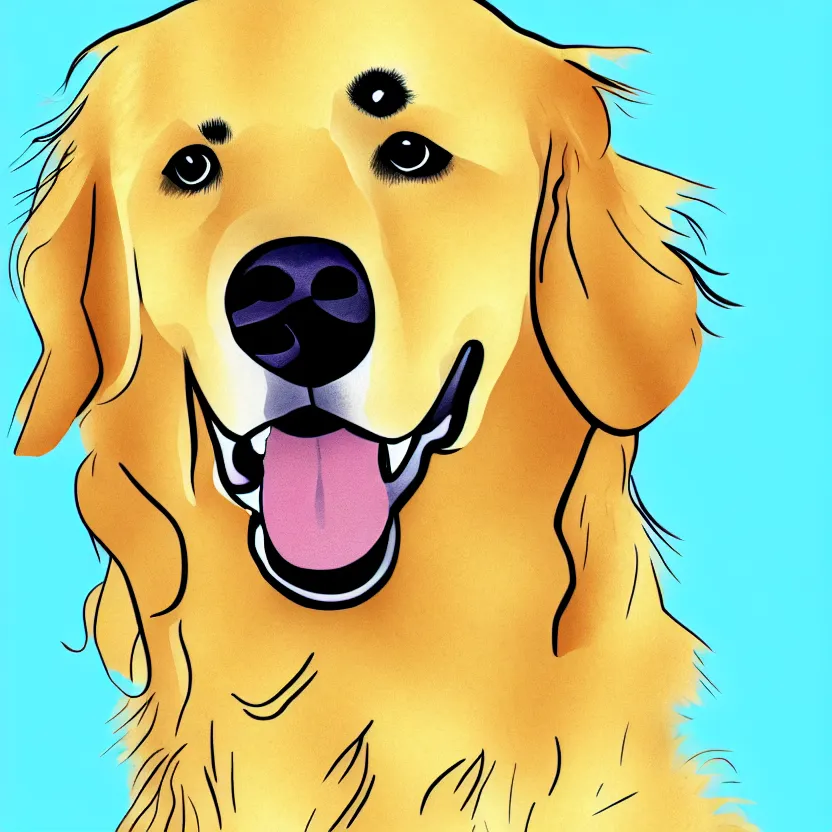 Image similar to golden retriever, full portrait, wide angle, solid white background, line art cartoon