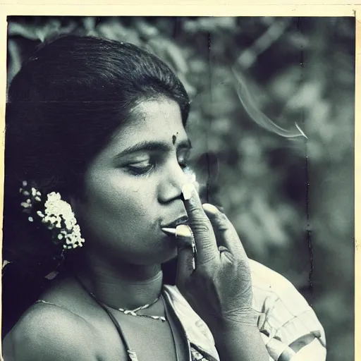 Image similar to portrait of a sri lankan woman smoking cigarette, vintage photo in 8 0's style