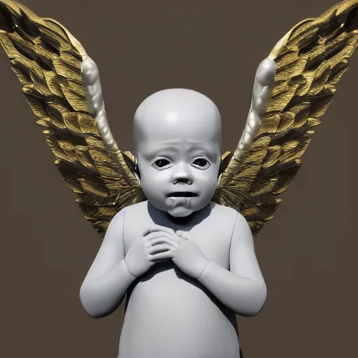 Image similar to a high tech 3 d rendering of a a baby cherub angel wearing a balaclava face mask, ski mask, face covered, covered face, fixed eyes, tattoos, multiple gold cuban chain necklace, concept art octane render, blender,