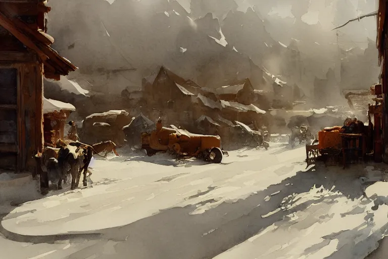 Prompt: small centered on watercolor paper, paint brush strokes, abstract watercolor painting of snow western town, american frontier, midday sharp light, dust, cinematic light, american romanticism by hans dahl, by jesper ejsing, by anders zorn, by greg rutkowski, by greg manchess, by tyler edlin