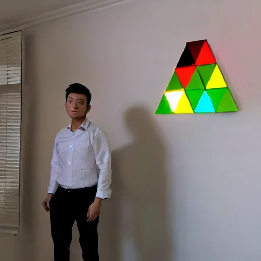 Image similar to a 2 6 year old vietnamese daytrader named jay standing proudly in front of triangular nanoleaf led lights on his wall