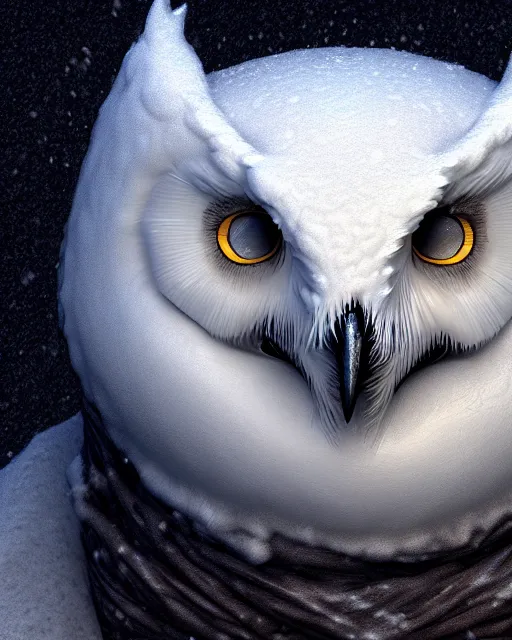 Prompt: closeup of a snow owls face, in the style of brian froud, brian despain, brian bolland, digital art, unreal engine, volumetric lighting, dark moody lighting, post apocalyptic, 4 k