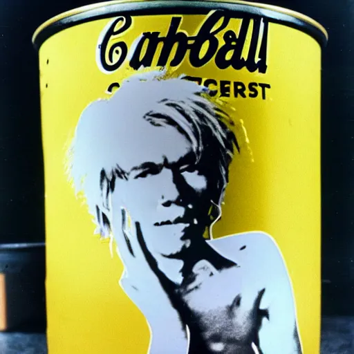 Image similar to Andy Warhol climbing out of a soup can
