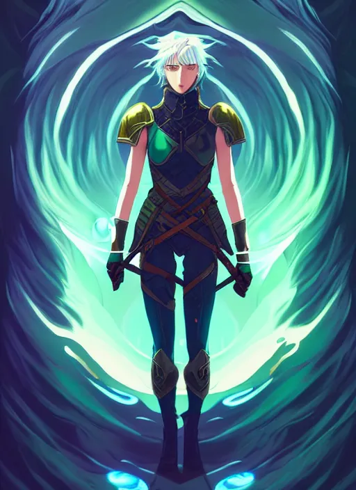 Image similar to style artgerm, joshua middleton, illustration, emily blunt as rune knight wearing green pelt light armor, anime eyes, blue hair, swirling water cosmos, fantasy, dnd, cinematic lighting