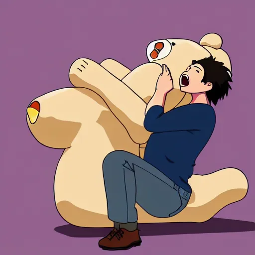 Image similar to young man burying his face on the belly of a giant teddy bear, screaming, cute, studio Ghibli, digital painting,