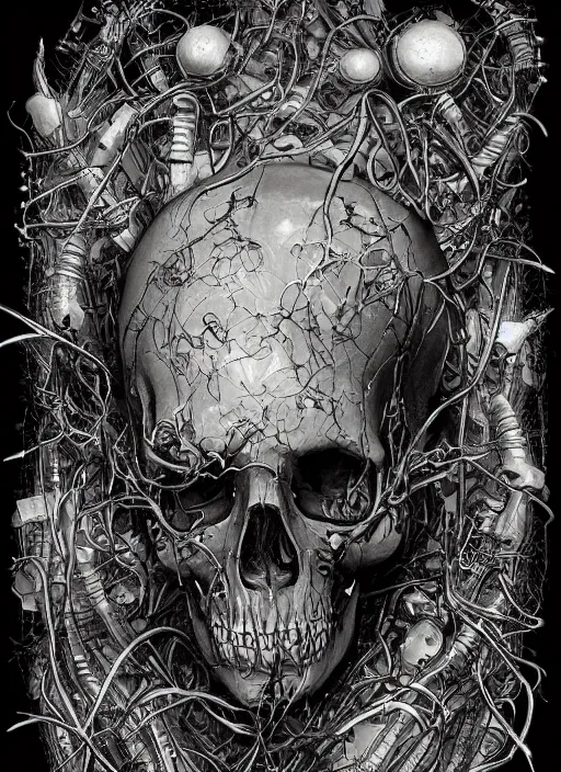 Image similar to intricate detailed biopunk cyberpunk skull, ivy, death,