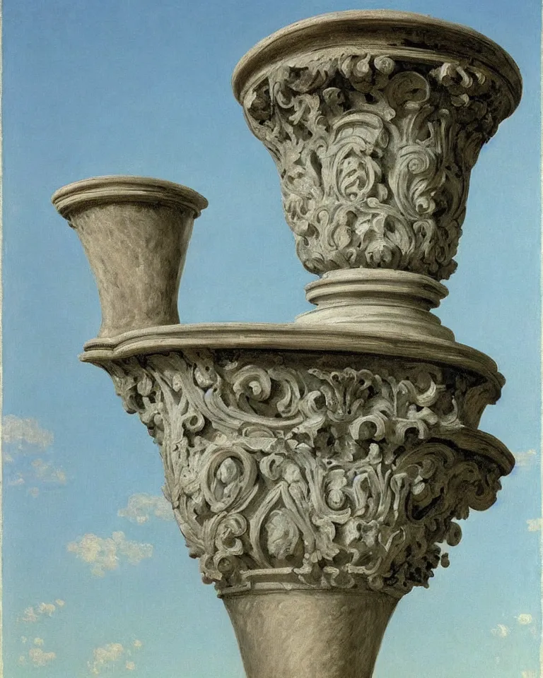 Prompt: achingly beautiful painting of intricate ancient roman corinthian capital on a baby blue background by rene magritte, monet, and turner. giovanni battista piranesi.