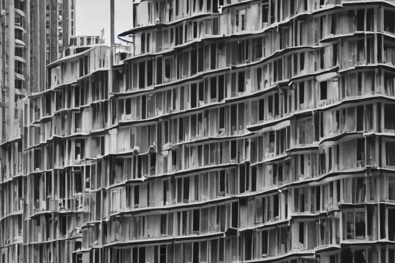 Prompt: a brutalist building in the shape of a Mobius strip, windows, door, rooftop, urban photography, detailed