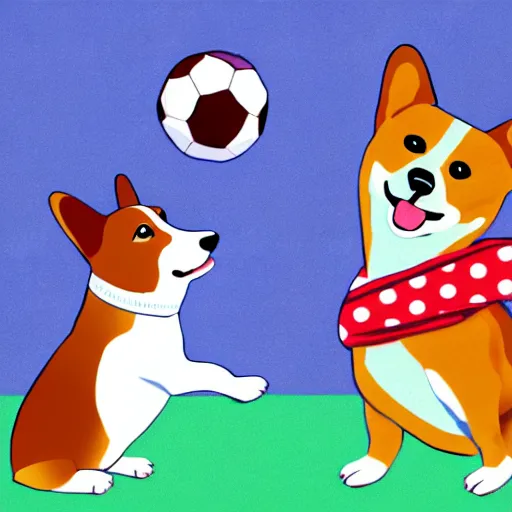 Image similar to illustration of french boy in paris playing football against a corgi, the corgi is wearing a polka dot scarf