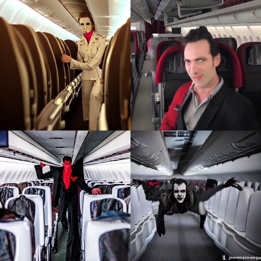 Prompt: Just one of the many vampires flying in the backroom of the airplane