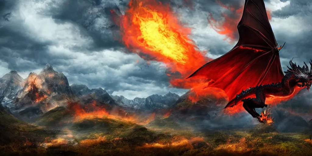 Image similar to a powerful flying black fire Dragon spitting fire in the foreground, big Mountains and wide forrests with trees are in the Background, stormy weather at night ,cinematic Style, hyperrealistic