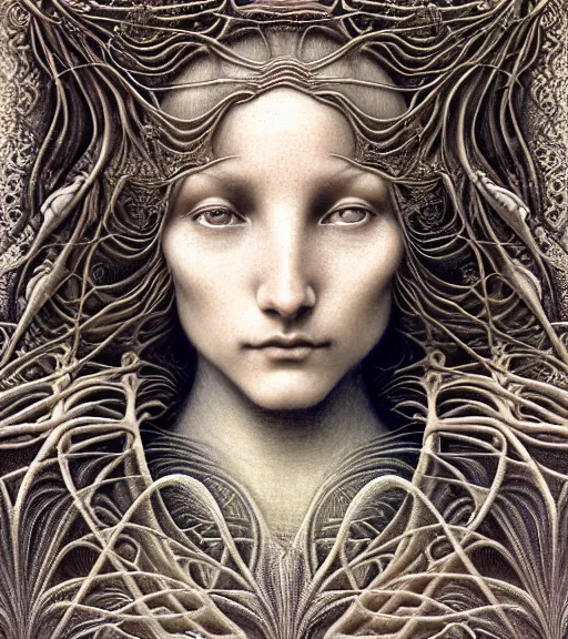 Image similar to detailed realistic beautiful beach goddess face portrait by jean delville, gustave dore, iris van herpen and marco mazzoni, art forms of nature by ernst haeckel, art nouveau, symbolist, visionary, gothic, neo - gothic, pre - raphaelite, fractal lace, intricate alien botanicals, ai biodiversity, surreality, hyperdetailed ultrasharp octane render