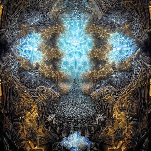 Image similar to a hyperrealistic 3 d render of a huge sprawling fractal cathedral interior populated by mandelbrot fractals by android jones, unreal engine, carved soap, white color scheme, volumetric lighting, octane render, dramatic lighting, glowing, carved marble, opalescent, carved wood, sacred geometry, religious, angelic, catholicpunk, stark, 8 k, ultra detailed