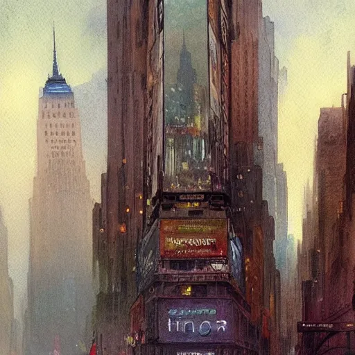Image similar to a beautifull intricate watercolour painting of a new york city scene, reflexions, verry high details by william turner art, greg rutkowski and alphonse mucha, trending on artstation, very very detailed, masterpiece, muted colors