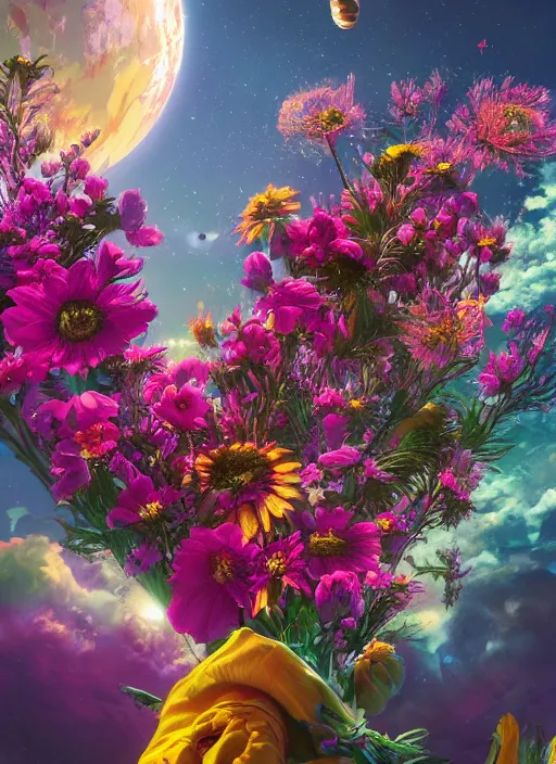 Image similar to An epic fantastic realism comic book style painting of the most beautiful flowers launched into space, bouquets, fisheye lens, unreal 5, DAZ, hyperrealistic, octane render, dynamic lighting