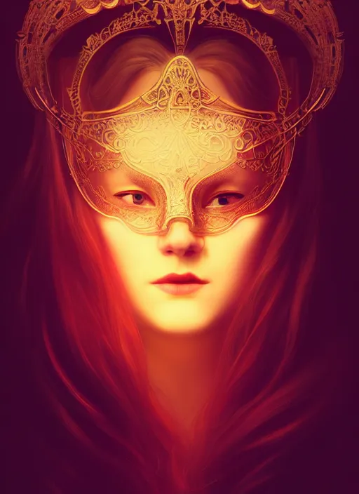 Prompt: centered portrait of a beautiful woman wearing a venetian mask, intricate concept art, ethereal, highly detailed, artstation, smooth, cinematic, mist, dramatic lighting, darksynth, illuminated neon lines, outrun, vaporware, plum and gold, 8 k, by ruan jia and ilya kuvshinov and liam wong and alphonse mucha