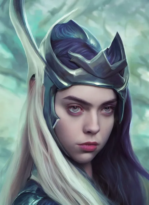 Image similar to billie eilish as female loki by Stanley Artgerm Lau, WLOP, Rossdraws, James Jean, Andrei Riabovitchev, Marc Simonetti, and Sakimichan, trending on artstation, hyper realistic, smooth render, bokeh