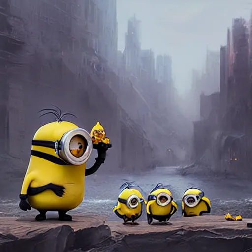 Image similar to Minions eating banana, Matte painting , detailed painting, greg rutkowski