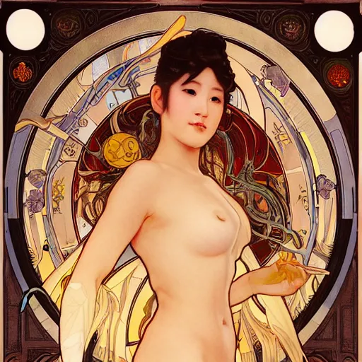 Prompt: stunning, breathtaking, awe-inspiring award-winning concept art nouveau painting of attractive Ashley Liao as the goddess of the sun, with anxious, piercing eyes, by Alphonse Mucha, Michael Whelan, William Adolphe Bouguereau, John Williams Waterhouse, and Donato Giancola, cyberpunk, extremely moody lighting, 8K