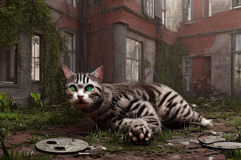 Prompt: Broken cyborg cat sitting on old courtyard with mud and an old playground between two soviet five-storey overgrown with ivy panel houses, high details, cinematic, 8k resolution, beautiful detailed, insanely intricate details, artstation trending, rule of third, octane render, unreal engine