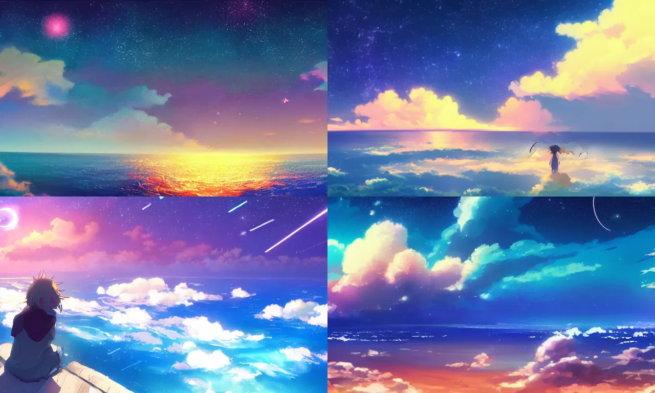 Prompt: colord cloud and the sea, full of glowing stars, dreams, fairy tale, by Makoto Shinkai and kagaya, 4K, super Wide angle