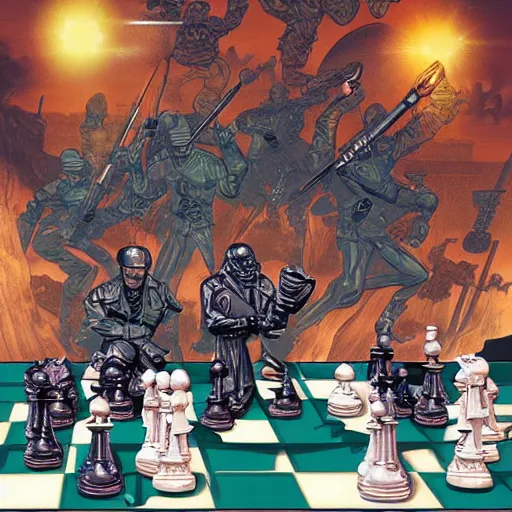 Image similar to two generals playing chess with toy army men, artwork by moebius, artgerm and artstation