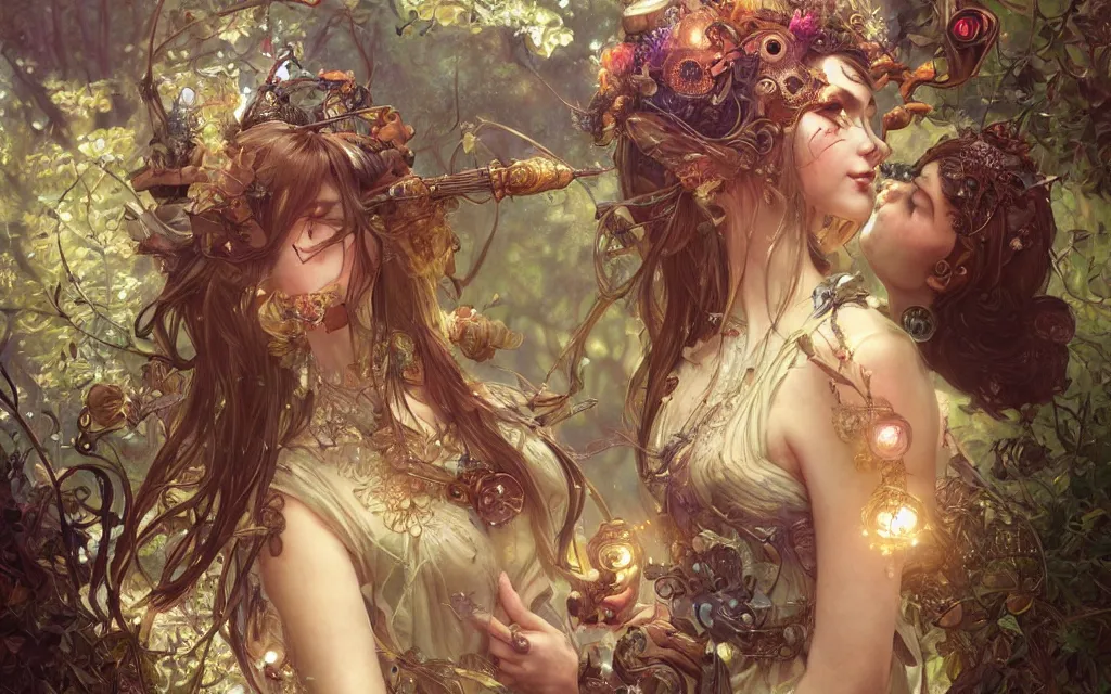 Image similar to ultra realistic illustration of steampunk magical fairy, forest, fantasy, lenses, colorful lights, intricate, elegant, highly detailed, digital painting, artstation, concept art, smooth, sharp focus, illustration, art by artgerm and greg rutkowski and alphonse mucha