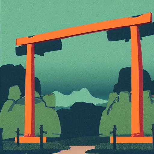 Image similar to a japanese landscape filled with torii arches, dawn, by david aja