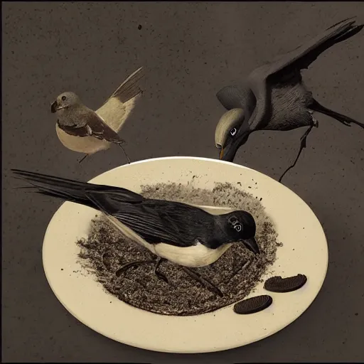 Prompt: a bird eating a plate full of oreos, realism, cinematic, hyper detailed masterpiece, ethereal, post apocalyptic