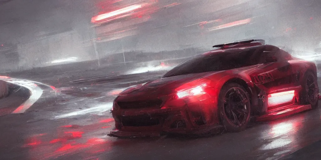 Image similar to concept art, of [ white red paper cup ] placed on a race track, very close shot!!! volumetric lights!!, detailed, dark concept art, dark skies painting by wlop, nixeu and greg rutkowski, beautiful, semirealism, artstation, octane render, oil painting, sharpness, 8 k, golden ratio