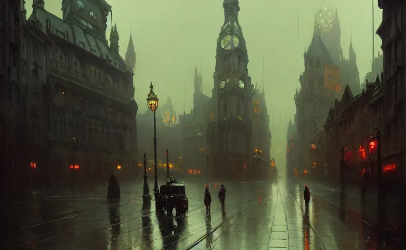 Image similar to an old victorian city with rainy atmosphere and moody and cinematic lighting by alphonse mucha, simon stalenhag and darek zabrocki, cinematic and atmospheric, concept art, artstation, trending on artstation