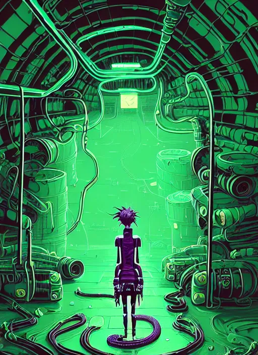 Image similar to highly detailed portrait of a lonely wasteland punk long dripping green poison hair tribal lady, stray neon green sludge hoses by atey ghailan, james gilleard, by joe fenton, by greg rutkowski, by greg tocchini, by kaethe butcher, 4 k resolution, gradient purple, brown black and white color scheme!!! ( ( green flaming robotic sewer background ) )