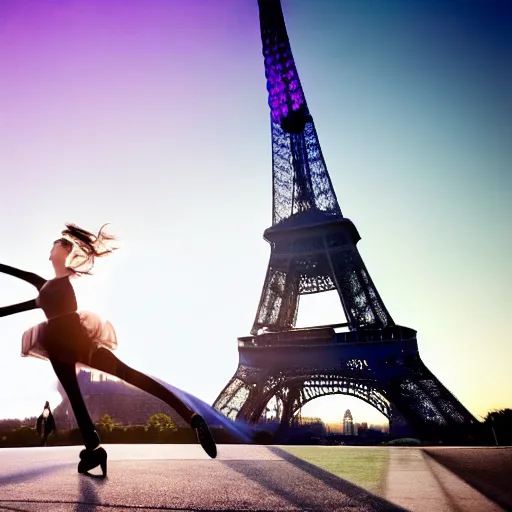 Image similar to an 18 year old woman dancing in front of the eiffel tower in the year 2154, dramatic lighting