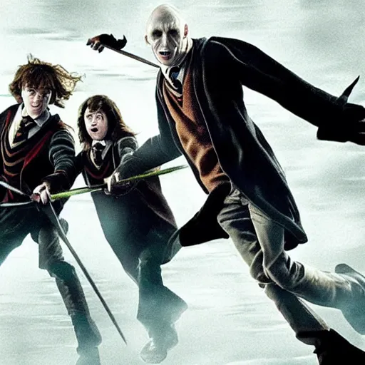 Image similar to The photo of Harry Potter teaming up with the Voldemort and attacking Hogwarts. Movie scene, dark scene.