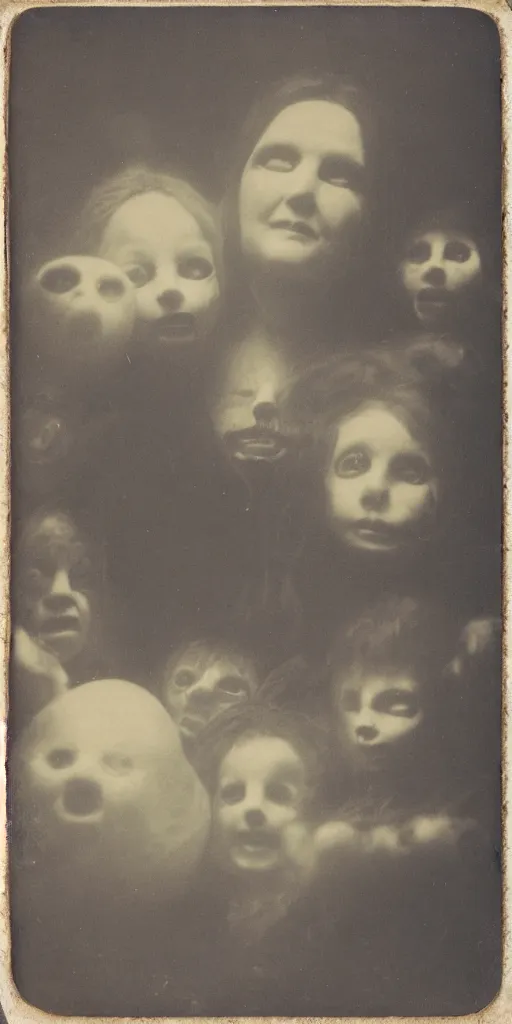 Image similar to spirit photography with glowing bulbous ectoplasm, scary reed people, sleep paralysis demon, 1 9 0 0 s, slimer, mourning family, invoke fear and dread, old photograph, daguerreotype, face of mona liza in the center