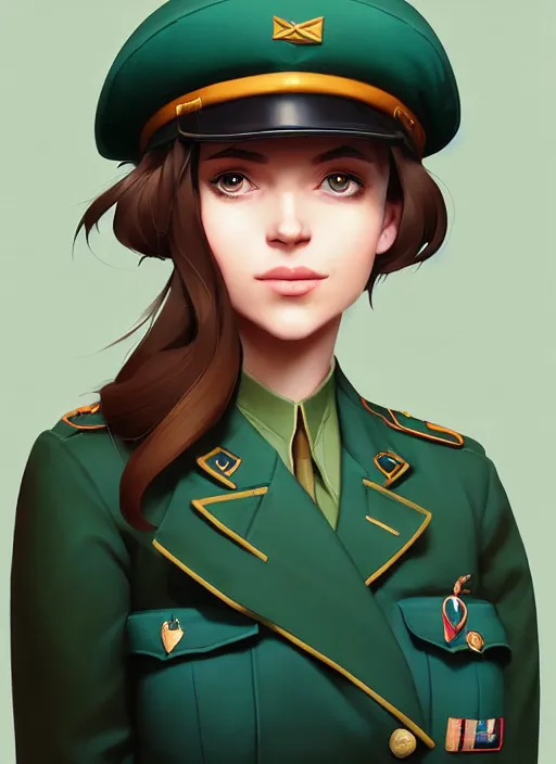 Image similar to portrait of young woman with light brown shoulder length hair and hazel eyes dressed in a sharp dark teal military uniform and beret, smiling, ilya kuvshinov, svetlana tigai, greg rutkowski, loish, artgerm, digital painting, concept art