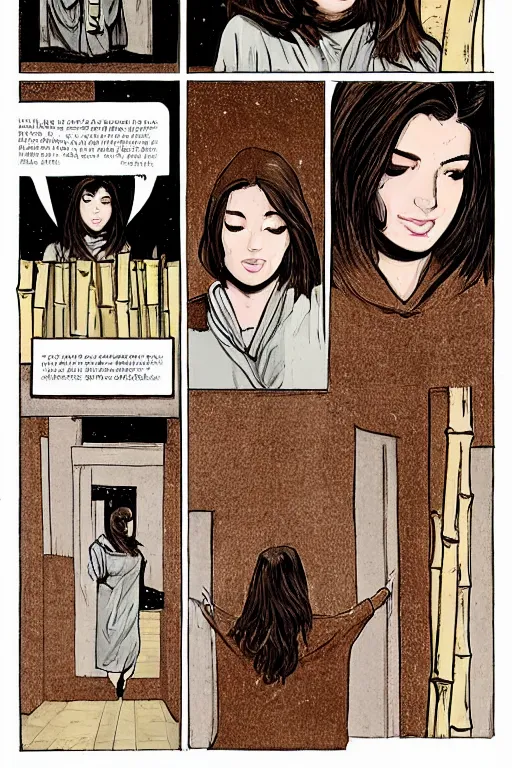 Prompt: short brown hair Arab Spanish shy beautiful young woman in a beige hoodie, Diwani calligrapher using bamboo pen, cinematic lighting, rule of thirds, comic by Dave Gibbons