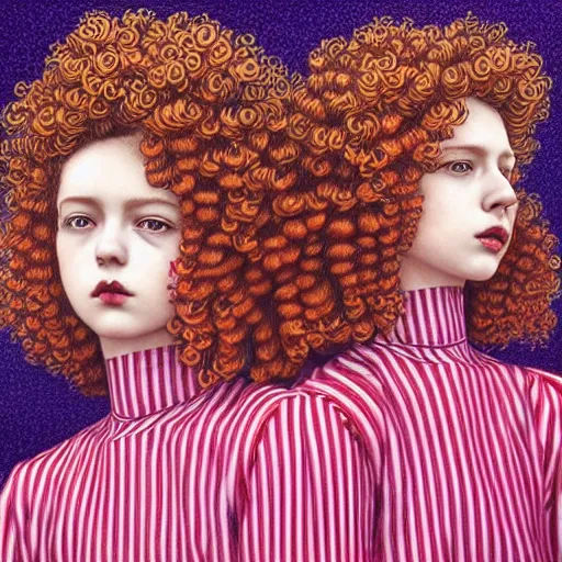 Image similar to red curly haired twins wearing striped clothes:: by Martine Johanna and Chie Yoshii and Casey Weldon:: ornate, dynamic, particulate, pastel colors, intricate, elegant, highly detailed, centered, artstation, smooth, sharp focus, octane render, 3d