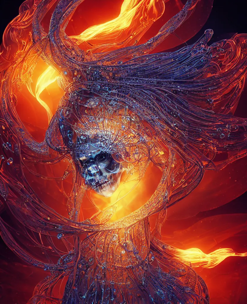 Image similar to close-up macro portrait of the face of a beautiful princess, epic angle and pose, symmetrical artwork, 3d with depth of field, blurred background, cybernetic jellyfish female face skull phoenix bird, translucent, nautilus, energy flows of water and fire. a highly detailed epic cinematic concept art CG render. made in Maya, Blender and Photoshop, octane render, excellent composition, cinematic dystopian brutalist atmosphere, dynamic dramatic cinematic lighting, aesthetic, very inspirational, arthouse. y Greg Rutkowski, Ilya Kuvshinov, WLOP, Stanley Artgerm Lau, Ruan Jia and Fenghua Zhong