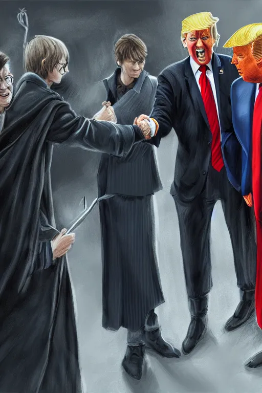 Prompt: harry potter shaking hands with donald trump, highly detailed, digital art, sharp focus, trending on art station